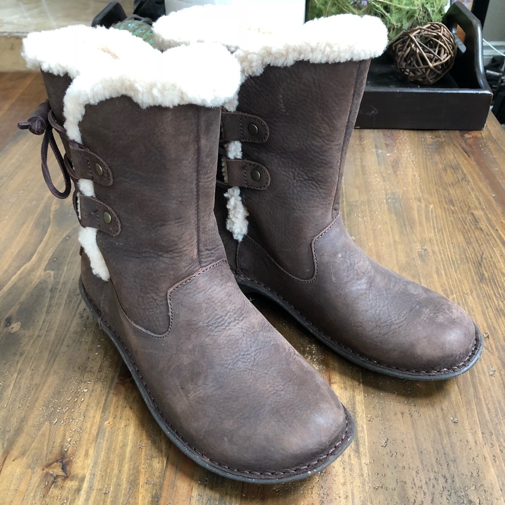 UGG Brown Leather Shearling-Lined Winter Boots